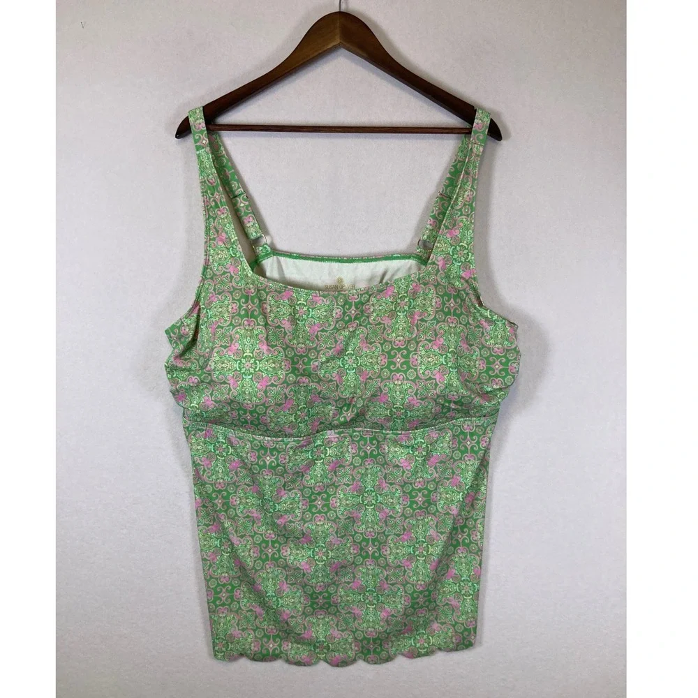 Boho Preppy Susan‎ Graver Womens 28W Green Pink Paisley Scalloped Tankini Top